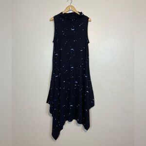 Snapdragon & Twig Sleeveless Handkerchief Hem Midi Dress Black Galaxy Print